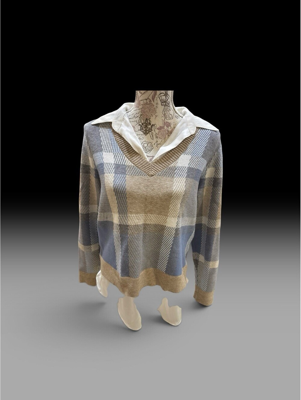 VTG Adrienne Vittadini Layered Plaid Sweater Sz L Blue V-Neck Collared Y2K